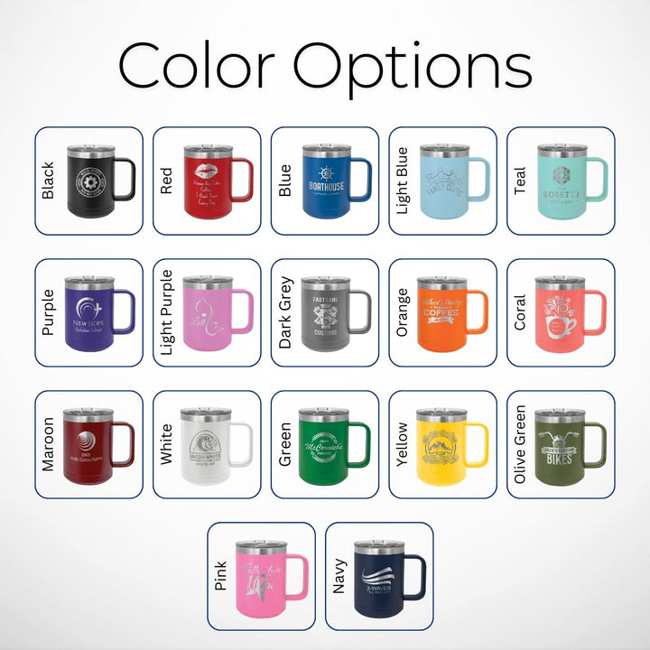 Color options for 15oz vacuum insulated stainless steel mugs with slider lids. Available in 17 vibrant colors: Black, Red, Blue, Light Blue, Teal, Purple, Light Purple, Dark Grey, Orange, Coral, Maroon, White, Green, Yellow, Olive Green, Pink, and Navy. Each mug features customizable logo designs, ideal for corporate branding, promotional gifts, or personalized drinkware.