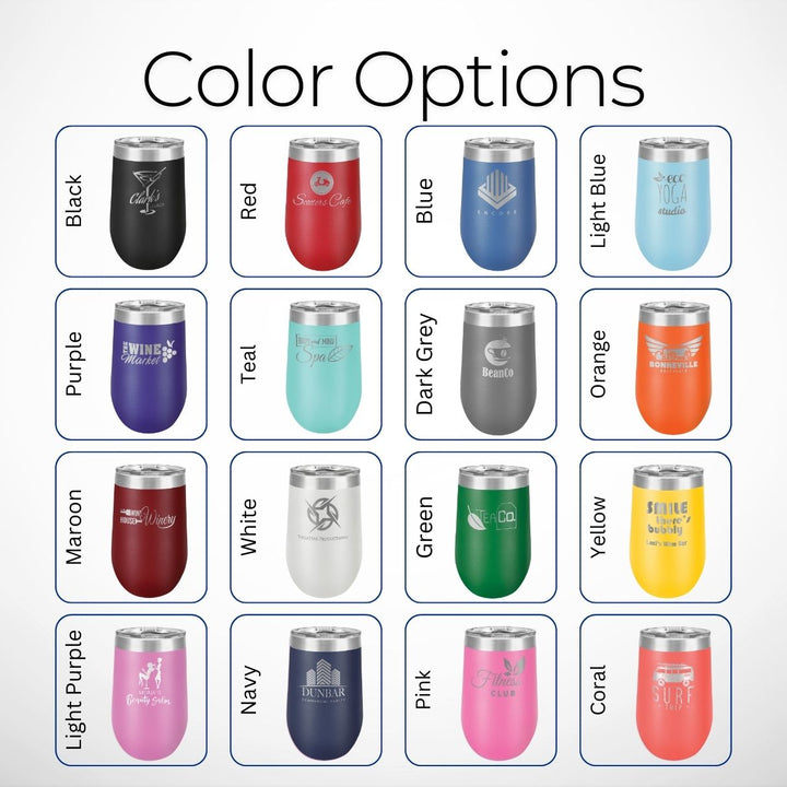 Color options for 16oz vacuum insulated stainless steel stemless tumblers with lids, available in 16 vibrant colors: Black, Red, Blue, Light Blue, Purple, Teal, Dark Grey, Orange, Maroon, White, Green, Yellow, Light Purple, Navy, Pink, and Coral. Each tumbler showcases customizable logo designs, ideal for corporate branding, promotional gifts, or personalized drinkware.