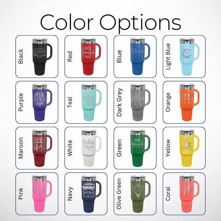 Color options for 40oz vacuum insulated stainless steel travel mugs with handles and reusable straws. Available in 16 vibrant colors: Black, Red, Blue, Light Blue, Purple, Teal, Dark Grey, Orange, Maroon, White, Green, Yellow, Pink, Navy, Olive Green, and Coral. Each mug features customizable designs, ideal for corporate branding, promotional gifts, or personalized drinkware.