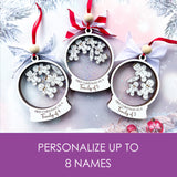 Celebrate the joy, love, and togetherness of your first Christmas with the addition of a new baby this holiday season with our personalized family Christmas ornament. This adorable gingerbread family ornament can be customized with your family members' names to create a unique keepsake that will last for years to come. Hang it on your tree or gift it to a loved one to spread the holiday cheer and capture the memories of this special time.