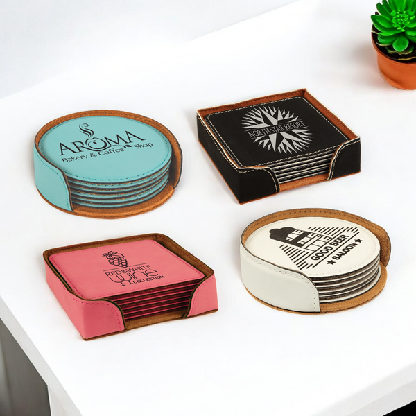 Custom Laserable Leatherette 6-Coaster Set – Available in 4" Round or 4" x 4" Square Designs