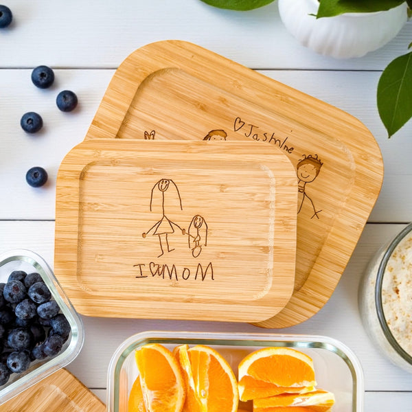 Personalized Engraved Glass Food Storage Container Set with Bamboo Lids, Kid’s Drawing, Eco Friendly Christmas Gift