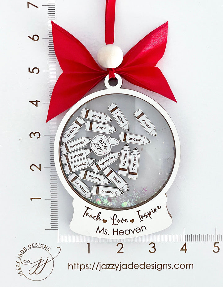 Custom class list teacher ornament with engraved student names, special personalized Christmas ornament for teachers from their students.