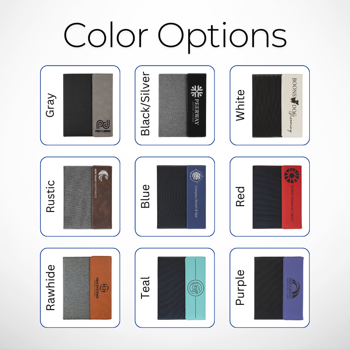 Color options for custom laser-engraved leatherette and canvas portfolios, available in gray, black/silver, white, rustic, blue, red, rawhide, teal, and purple, perfect for personalized business accessories, promotional giveaways, and executive gifts.