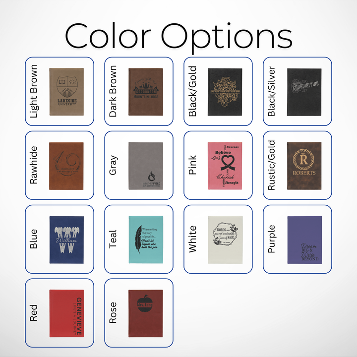 Color options for custom laser-engraved leatherette journals, available in light brown, dark brown, black/gold, black/silver, rawhide, gray, pink, rustic/gold, blue, teal, white, red, rose, and purple, ideal for corporate gifts, promotional products, and personalized stationery.