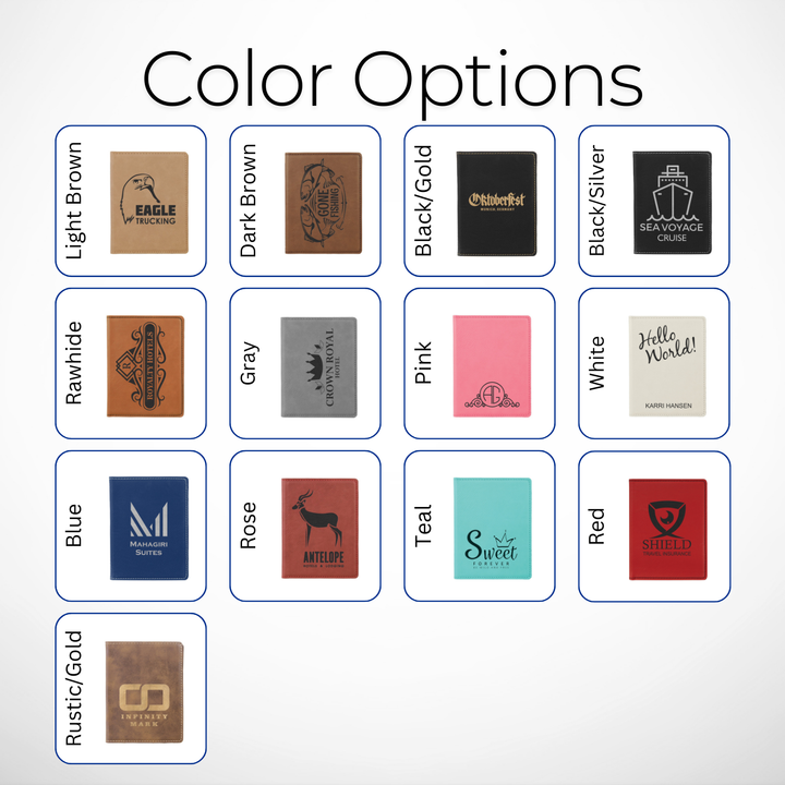 Color options for custom laser-engraved leatherette passport holders, available in light brown, dark brown, black/gold, black/silver, rawhide, gray, pink, white, blue, rose, teal, red, and rustic/gold, ideal for personalized travel gifts and corporate branding.