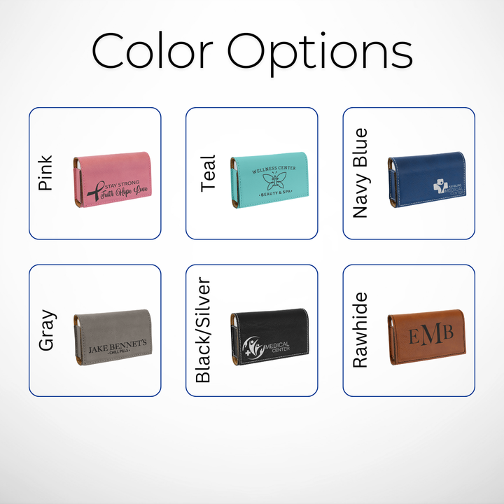  Color options for custom laserable leatherette pill boxes showcasing six vibrant designs: Pink, Teal, Navy Blue, Gray, Black/Silver, and Rawhide. Ideal for personalized healthcare gifts, corporate branding, or promotional giveaways.