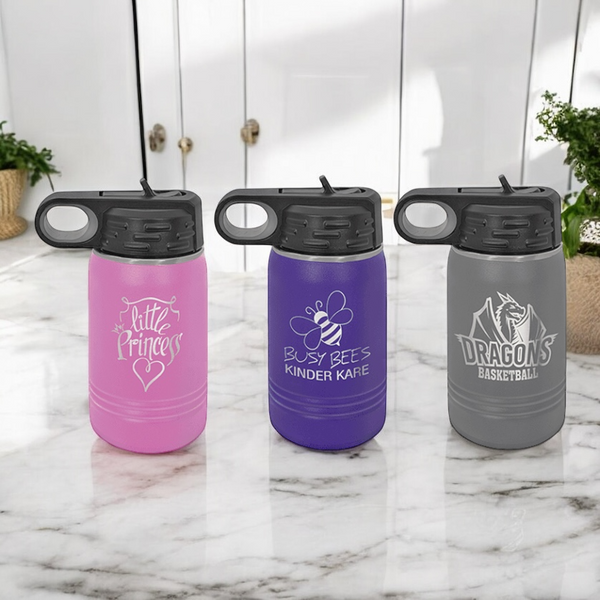 12oz insulated water bottles with custom logo designs displayed on a marble countertop.  Perfect for schools, teams, businesses, and special events. Each bottle is crafted with premium insulation to keep drinks hot or cold for hours. Available in a variety of vibrant colors