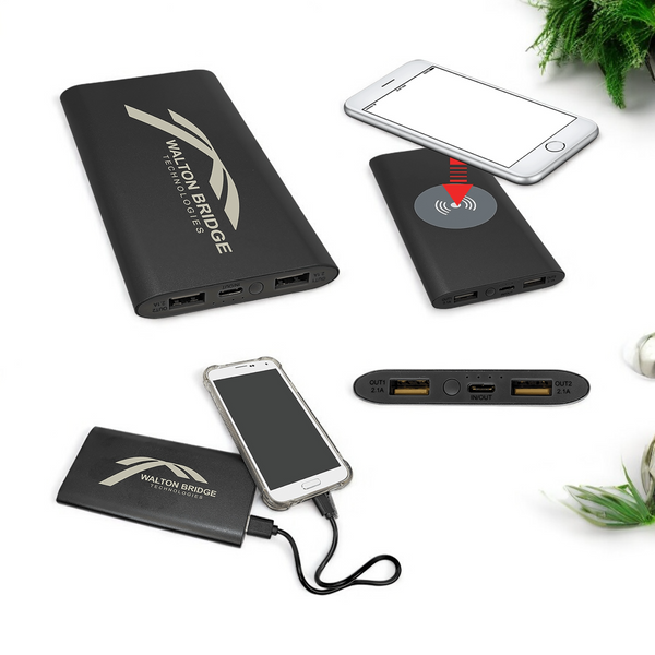 Black 8000mAh anodized aluminum power bank and wireless charger with USB-C cord, compatible with wireless and USB-powered devices.