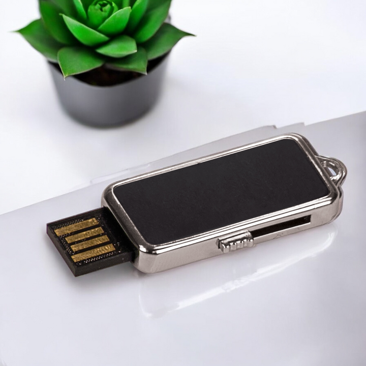 Open black and silver 8GB USB flash drive with keychain, customizable with laser engraving for corporate branding and promotional products.