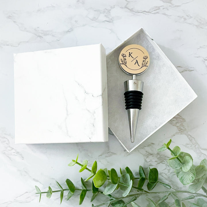 Custom engraved personalized wine stopper wedding gift for couple ideal anniversary or engagement favor perfect for wine lovers home bar accessory memorable keepsake gift for bride groom and newlyweds