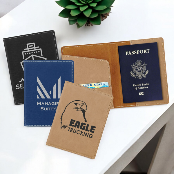 Custom laser-engraved leatherette passport holder with three slots for passport, IDs, and credit cards, perfect for corporate branding and personalized travel gifts.