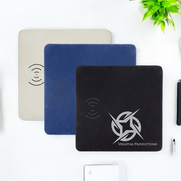 Custom laser-engraved 8x8 leatherette phone charging mat with wireless charging capability, perfect for corporate branding and personalized gifts.