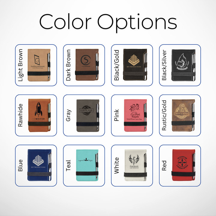 Color options for Laserable Leatherette Mini Notepad with Pen – Available in various colors including light brown, dark brown, rawhide, gray, black/gold, black/silver, blue, teal, white, red, rustic/gold, and pink. Ideal for corporate branding, promotional giveaways, and personalized gifts.