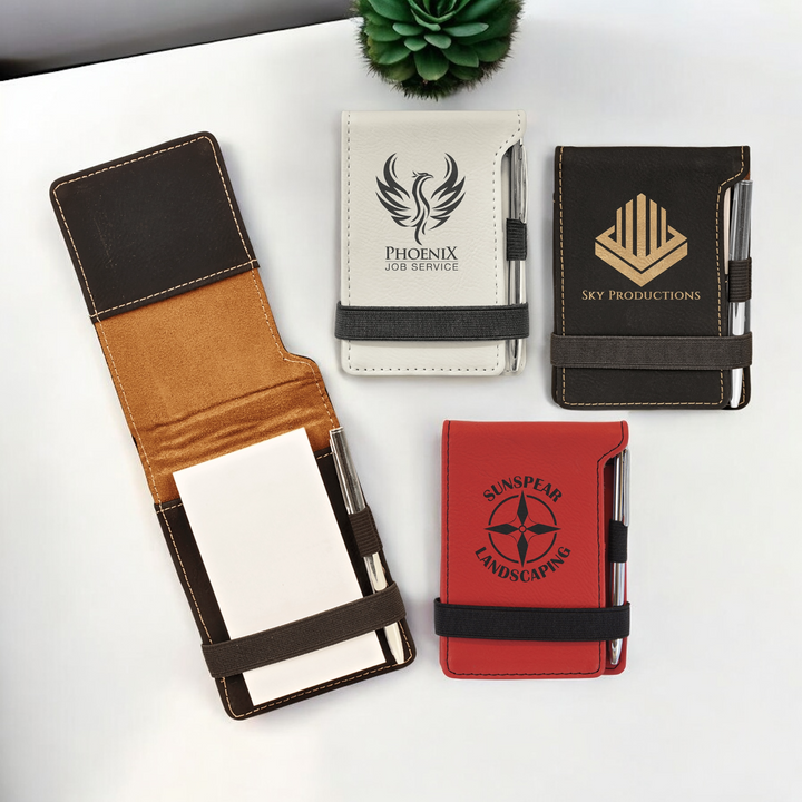 Custom Laserable Leatherette Mini Notepad with Pen – Compact 3 1/4" x 4 3/4" design featuring a customizable cover, black ink pen, and additional storage pocket, ideal for corporate branding, promotional gifts, and everyday note-taking.