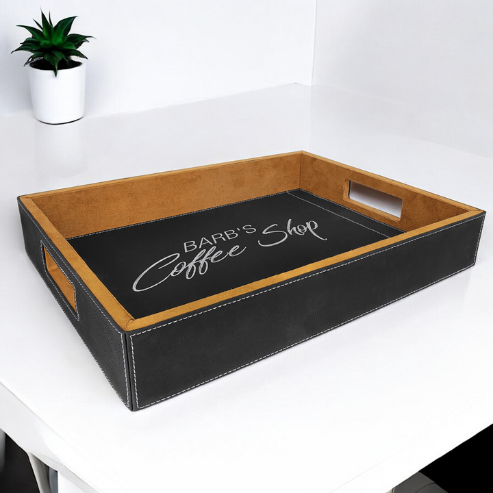 Custom 16" x 12" Laserable Leatherette Serving Tray with a suede-like brown finish, perfect for engraving logos or personal designs. Ideal for serving, organizing, or as a decorative centerpiece.