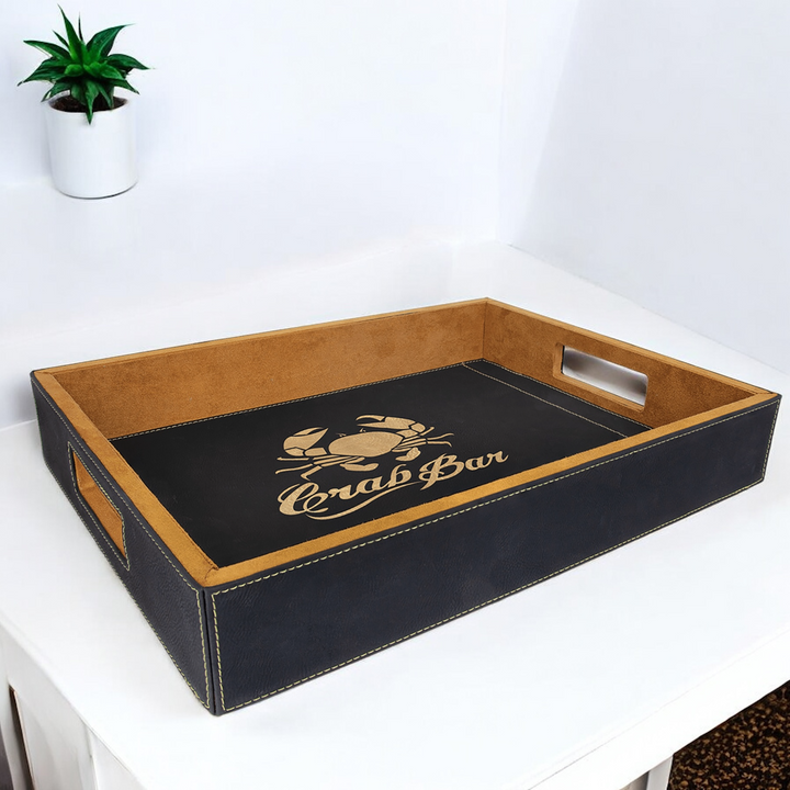 Custom 16" x 12" Laserable Leatherette Serving Tray with corporate logo, designed for corporate branding and promotional use. Featuring a black leatherette exterior, brown suede-like interior, and convenient cutout handles, ideal for hospitality, events, or gifts.