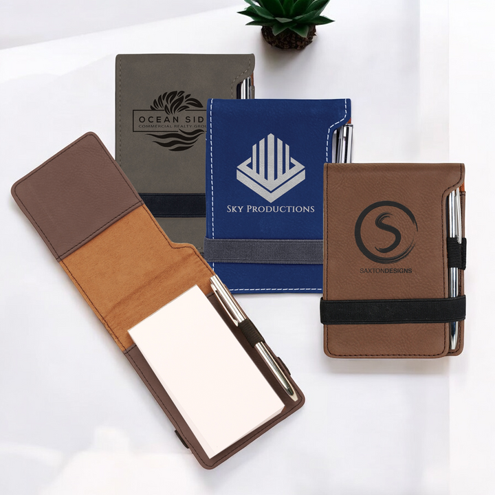 Custom Laserable Leatherette Mini Notepad Set with Pen – Features a 3 1/4" x 4 3/4" compact design, customizable leatherette cover, and black ink pen, perfect for corporate branding, promotional gifts, and professional note-taking.