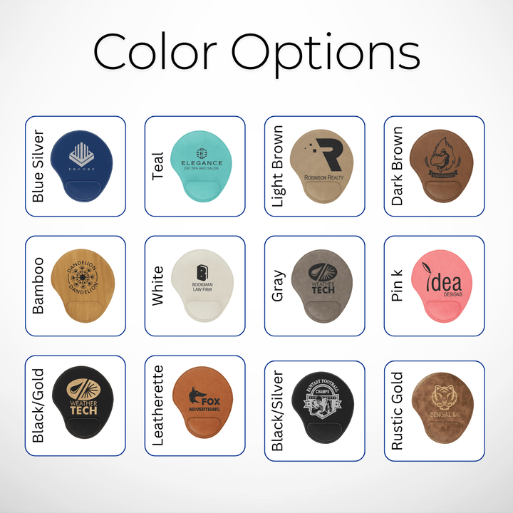 Color options for custom laser engraved leatherette mouse pads with wrist support, available in 12 finishes: Blue/Silver, Teal, Light Brown, Dark Brown, Bamboo, White, Gray, Pink, Black/Gold, Leatherette, Black/Silver, and Rustic Gold. Each mouse pad can be personalized with logos or designs, ideal for corporate branding, promotional gifts, or personalized desk accessories.