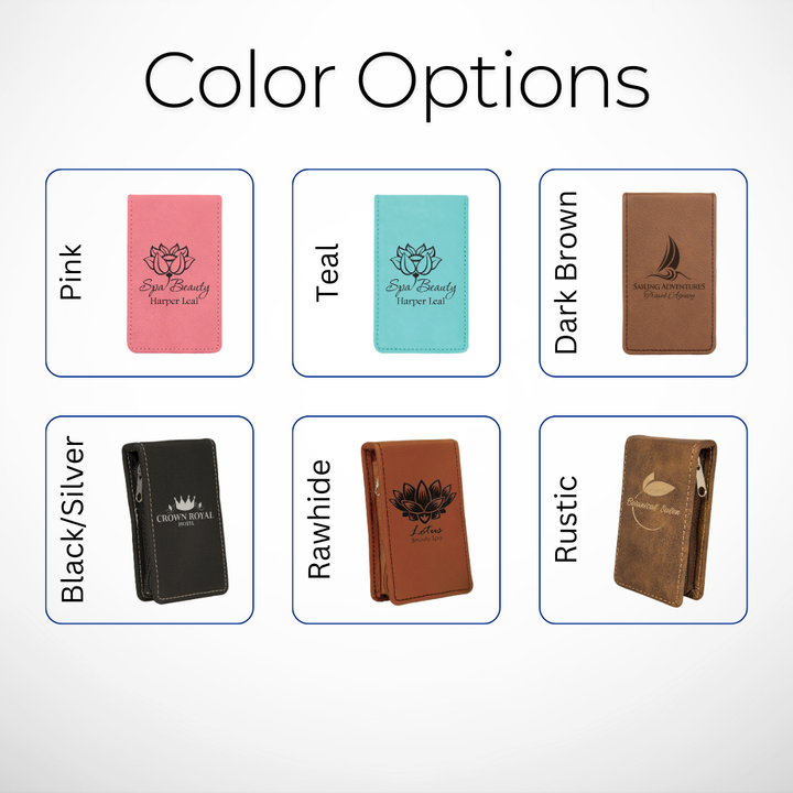 Color options for 7-Piece Laserable Leatherette Manicure Gift Set, featuring Pink, Teal, Dark Brown, Black/Silver, Rawhide, and Gray cases. Customizable for corporate gifts, spa accessories, or travel essentials.