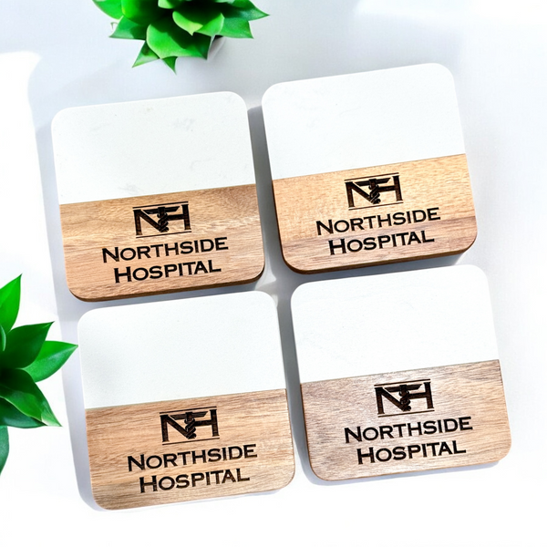 Custom Marble and Acacia Wood Coasters with engraved company logo for branded promotional items, featuring a natural blend of marble and acacia wood, perfect for corporate gifting and professional branding.