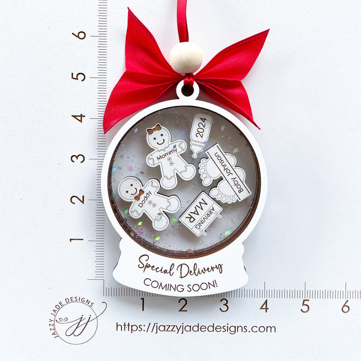 Custom “Special Delivery Coming Soon” ornament for Christmas, personalized baby announcement gift for expecting couples or grandparents.