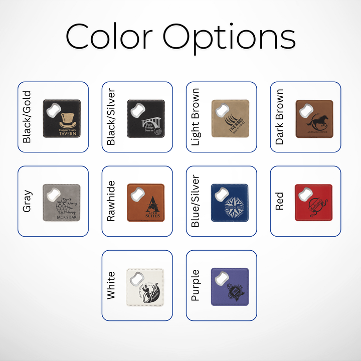 Color options chart for square leatherette coasters with built-in bottle openers, featuring a variety of customizable designs and colors, ideal for promotional branding, corporate gifts, and events.