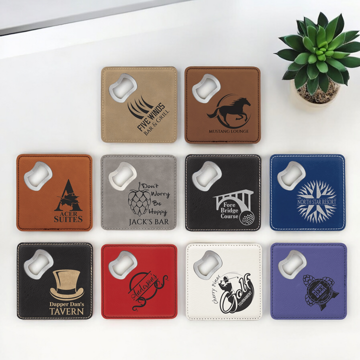 Assorted square leatherette coasters with built-in bottle openers, showcasing engraved designs in various colors for corporate branding, promotional gifts, bars, and special events.