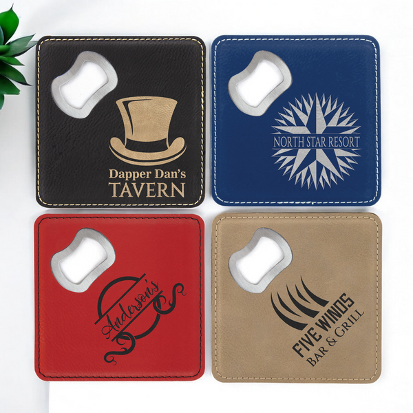 Customizable square leatherette coasters with built-in bottle opener, featuring engraved designs for corporate branding, promotional gifts, bars, and special events.