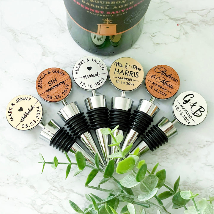 Engraved personalized wine stopper perfect wedding gift for couple custom bottle stopper ideal for engagement newlywed or anniversary celebrations unique keepsake favor for wine lovers bridesmaids groomsmen and romantic occasions