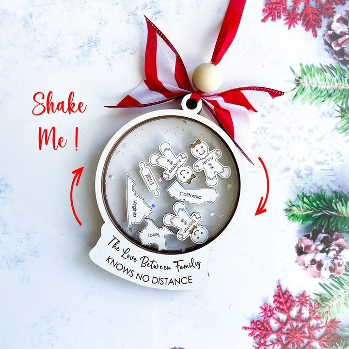 Family distance ornament with personalized map and hearts, touching Christmas gift for sisters or family members separated by miles.