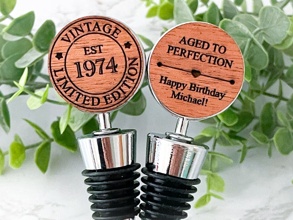 personalized 50th birthday gift for men, happy birthday gift for woman, custom wine stopper, wine gifts, aged to perfection, vintage 1974