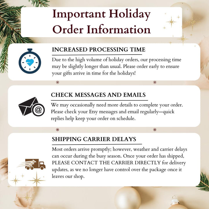 Important holiday order information card outlining processing time, shipping expectations, and reminders to check messages for custom teacher Christmas gifts. Gold and red festive layout with Christmas ornament decor.
