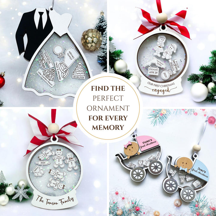Collage featuring multiple personalized ornaments from Jazzy Jade Designs including teacher, wedding, and baby ornaments. Text overlay highlights custom engraved keepsakes for every occasion.