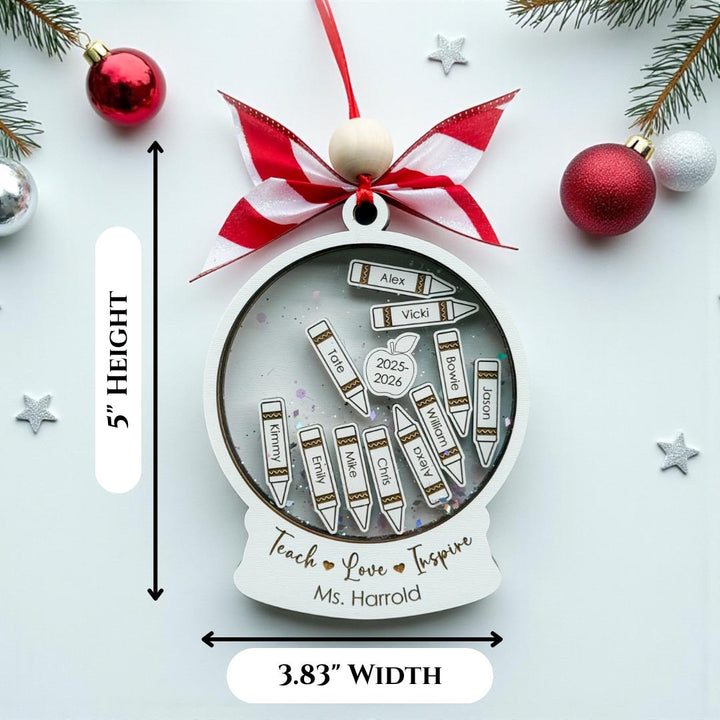 Size reference graphic showing 5&quot; height and 3.83&quot; width of engraved teacher Christmas ornament. Demonstrates scale for handmade personalized teacher gifts.