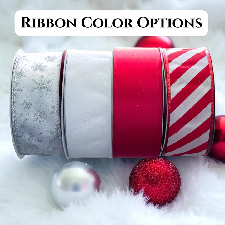Ribbon color options for teacher Christmas ornament showing white, silver, red, and red-striped ribbons. Customizable detail for personalized teacher ornament gifts.