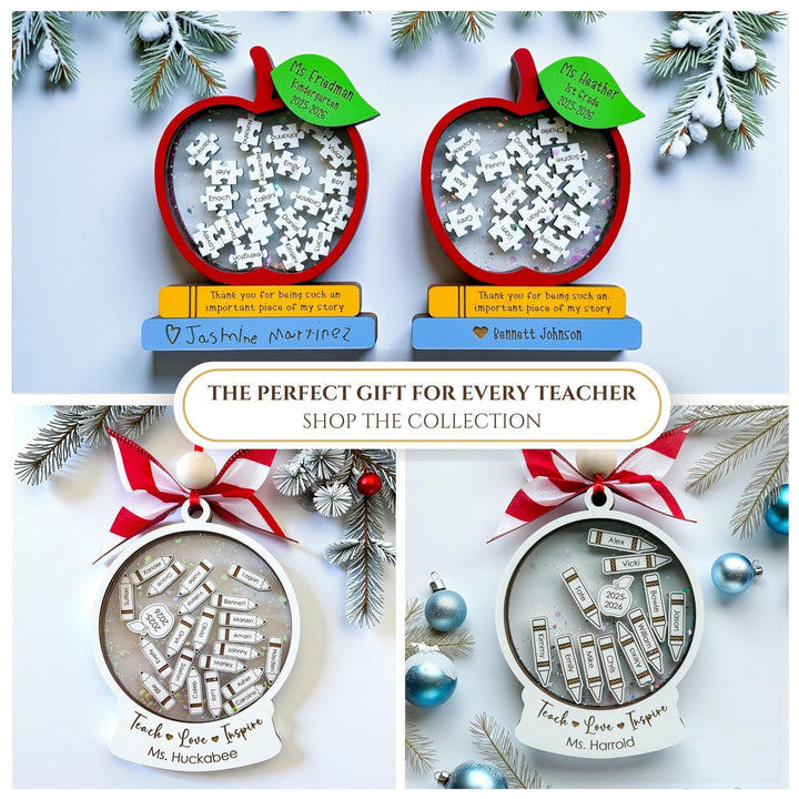Collage of teacher gift ornaments including red apple puzzle ornaments and personalized crayon globe ornaments. Text overlay reads “The perfect gift for every teacher – shop the collection.” Designed for classroom, daycare, and preschool teachers.