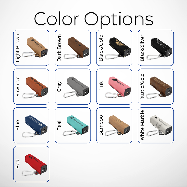 Color options for laser-engraved leatherette 2200mAh power banks, featuring light brown, dark brown, black/gold, black/silver, rawhide, gray, pink, rustic/gold, blue, teal, bamboo, and white marble finishes.  Great for corporate branding or gifts, employee appreciation and giveaways.