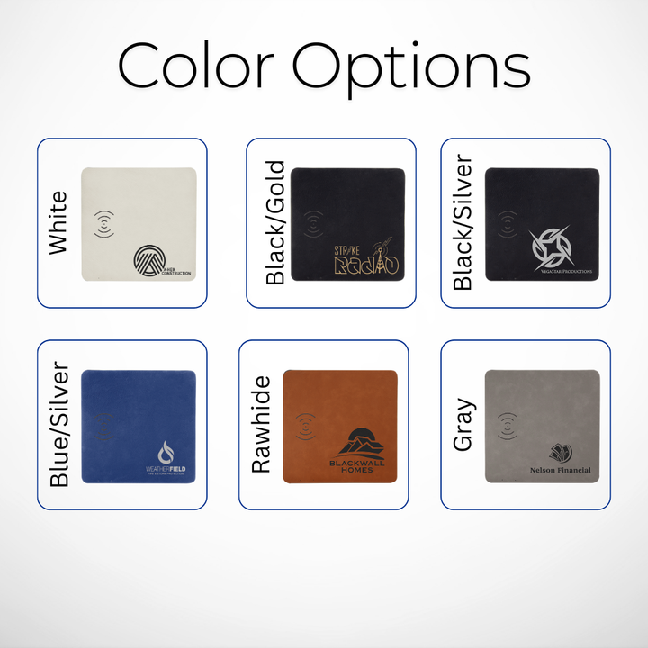 Color options for laser-engraved leatherette phone charging mats, including white, black/gold, black/silver, blue/silver, rawhide, and gray with wireless charging capability.  Perfect for corporate gifts, employee appreciation and corporate branding