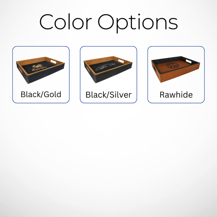 Color options for the 16" x 12" Laserable Leatherette Serving Tray, showcasing Black/Gold, Black/Silver, and Rawhide finishes. Ideal for corporate branding, promotional gifts, and upscale events.