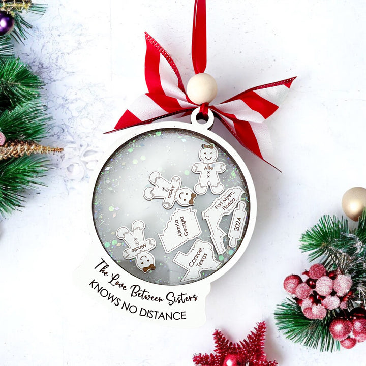 Personalized long distance sister ornament – Custom gift for sisters featuring state outlines and names, perfect for celebrating the bond between sisters across the miles.