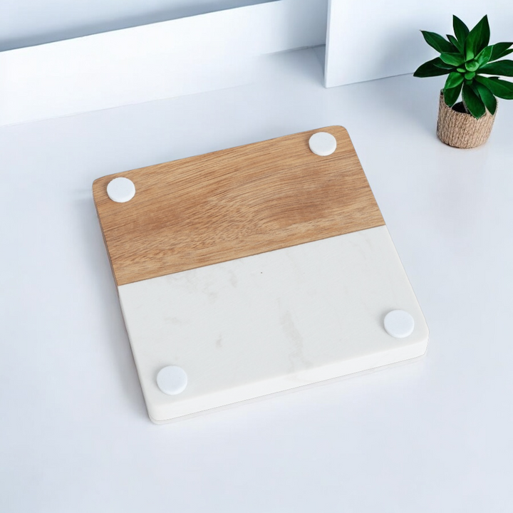 Backside of Marble and Acacia Wood Coaster featuring protective bumpers to prevent scratches, ideal for corporate branding, employee appreciation, and professional gifting.