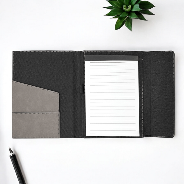 Open laser-engraved leatherette and gray canvas portfolio with 50-page lined notepad, interior pockets, and pen loop, perfect for corporate branding and professional gifts.