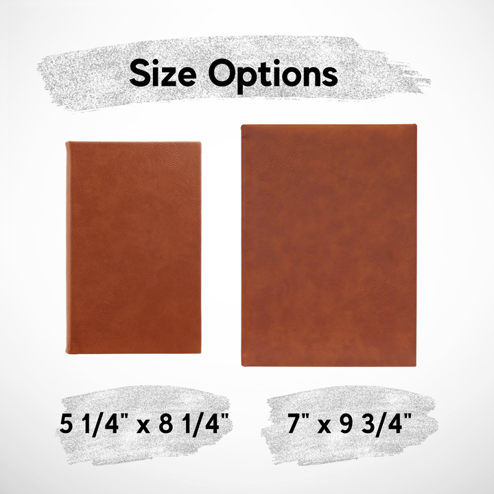 Leatherette journal size options featuring 5 1/4" x 8 1/4" and 7" x 9 3/4", perfect for custom laser engraving, corporate gifts, and personal use.