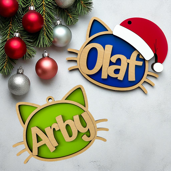 Personalized cat ornament with custom name featuring a Santa hat design, perfect Christmas decoration for cat lovers.