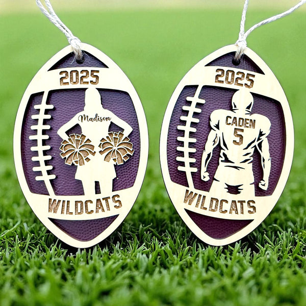 Personalized football and cheer ornament featuring custom name and number, perfect as a team bag tag, keychain, or senior night gift for players and cheerleaders.