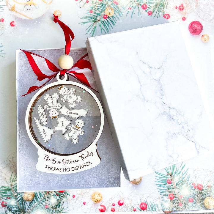 Custom long-distance family ornament featuring connected states and family names, heartfelt keepsake showing love across miles.