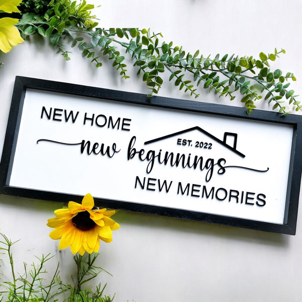 Personalized 'New Home, New Beginnings, New Memories' sign with customizable year – ideal housewarming gift for new homeowners.