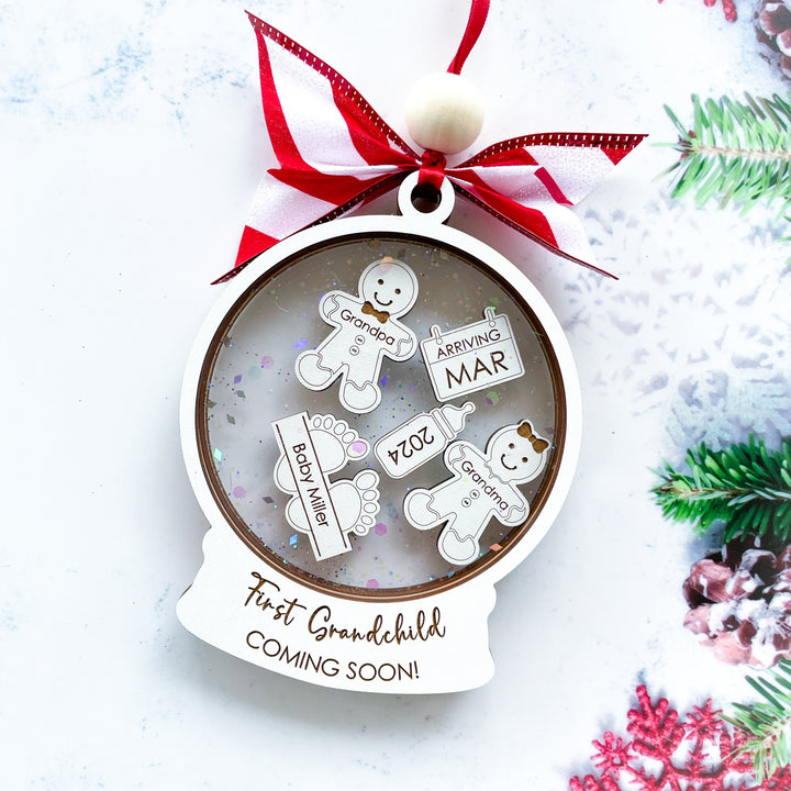 Personalized pregnancy announcement ornament for first grandchild coming soon, custom Christmas ornament for grandparents