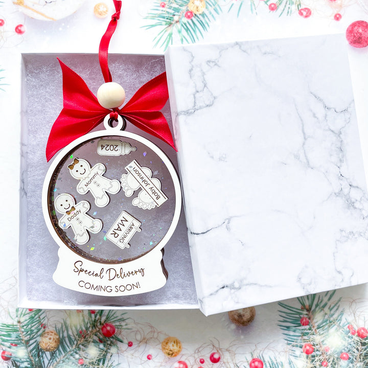 Personalized pregnancy announcement Christmas ornament featuring “Special Delivery Coming Soon” design, perfect keepsake for new parents-to-be.